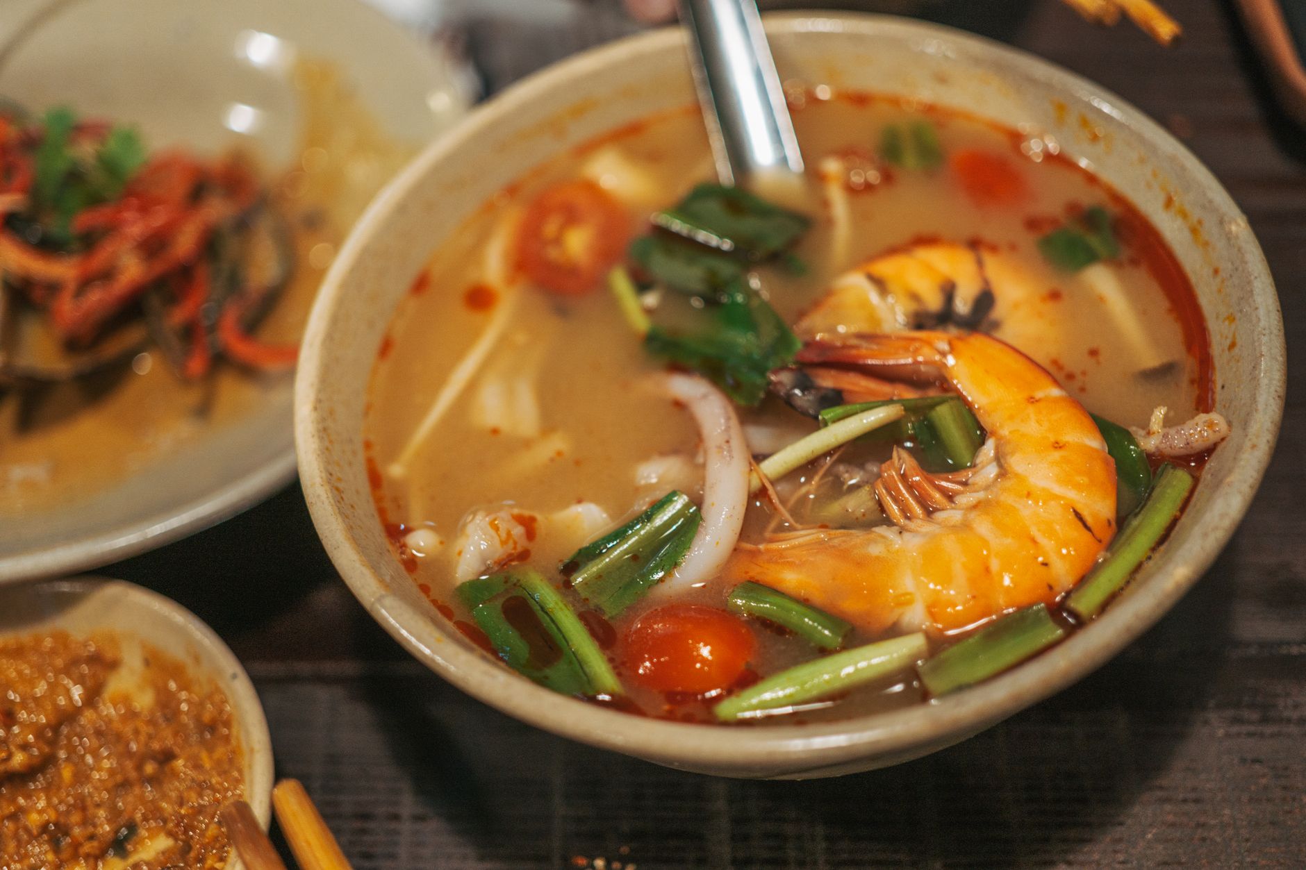 Thai noodle soup bowl close up