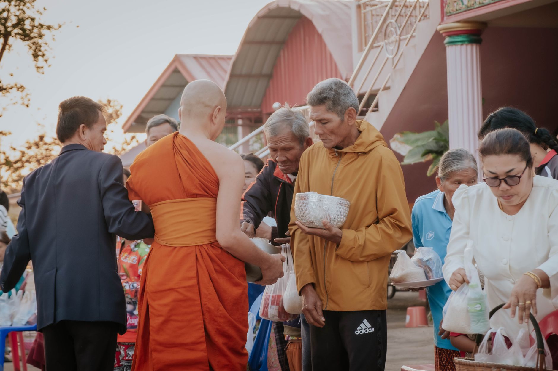 buddhist monks temple morning ceremony thailand