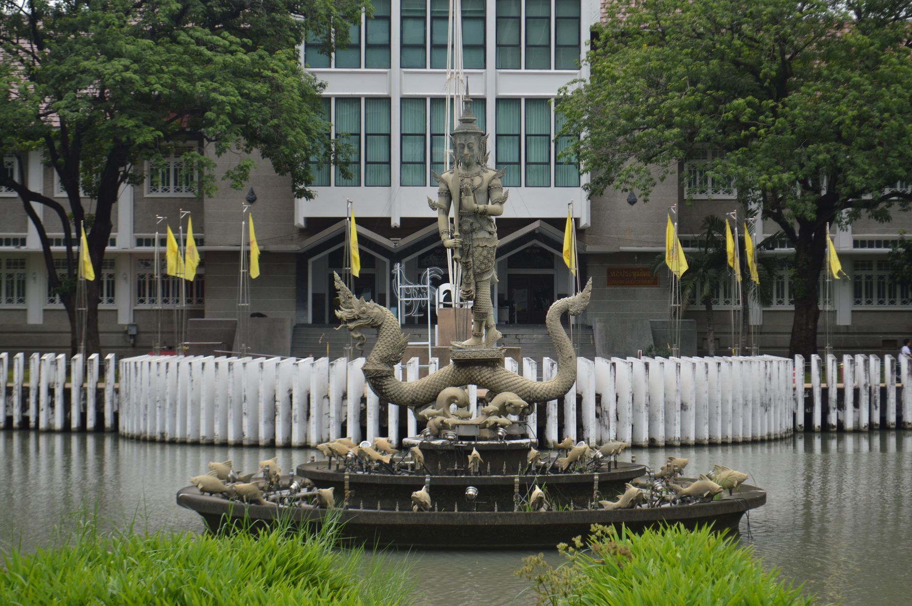 yellow flags temple thailand festival decoration